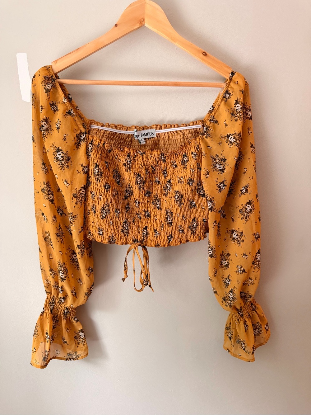 Women’s Mustard Floral Smocked Long-Sleeve Crop Top & Skirt Set